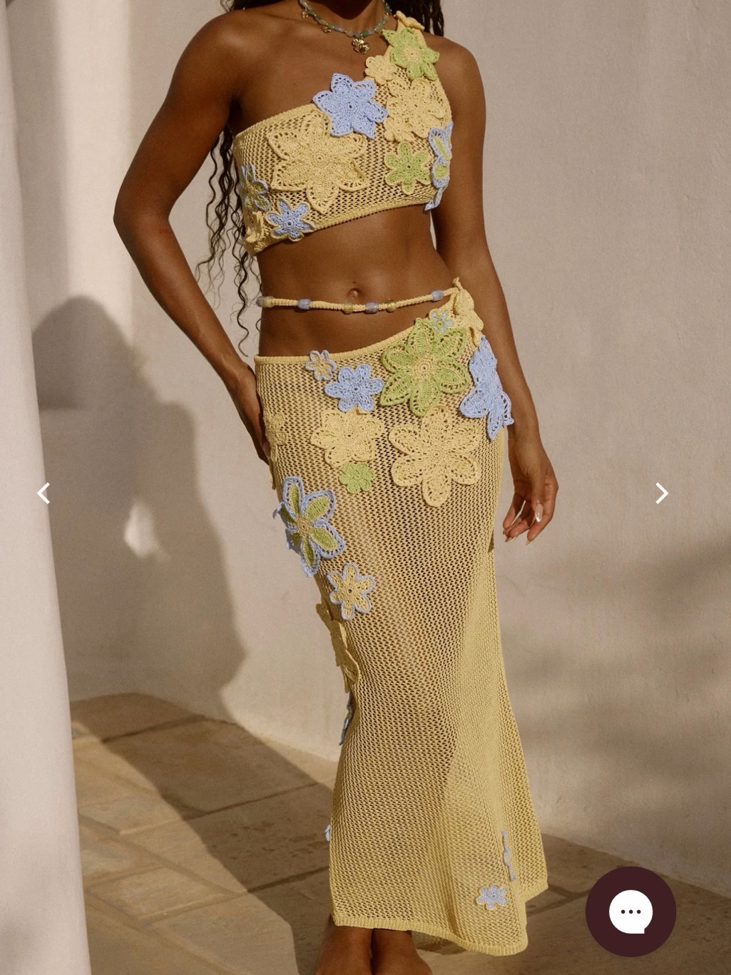 Pastel Yellow Crochet Maxi Skirt And Matching Top With Floral Appliqus